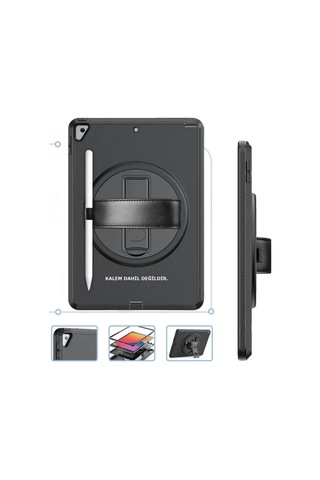Jenerik Apple İpad 10.2 7.nesil Kılıf Hand Strap Tablet Kılıfı - Siyah
