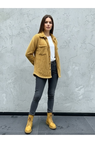 Kadın Slimfit Peluş, Polar, Düğmeli, Teddy Gömlek Yaka, Cepli, Sıcak Tutucu Yumuşak Kışlık Ceket Taba