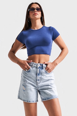 Itsbasic Kadın Mavi Renk Diana 12s5-3 Mom Fit Midi Boy Lazer Detaylı Yırtık %100 Koton Denim Şort Mavi 12s5-3