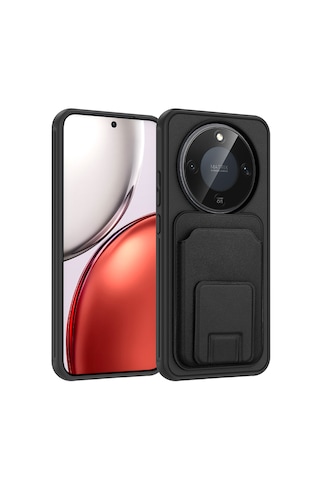 Honor Magic 8 Lite 5g Kılıf Arka Yüzey Kartlıklı Deri Doku Premium Tpu Silikon Standlı Özelliği Kapak Siyah