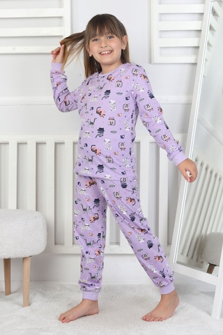 Uzun Kollu Cute Cat Desenli Kız Çocuk Pijama Takımı Mor