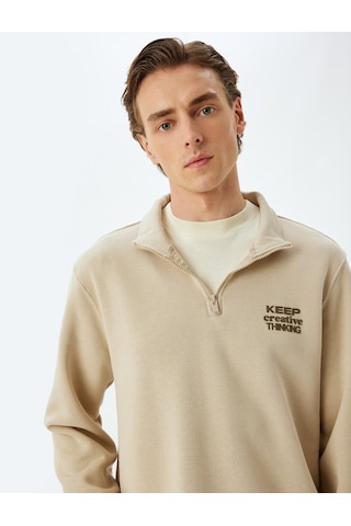 Koton Slogan Baskılı Sweatshirt Yarım Fermuarlı Şardonlu Pamuk Karışımlı Bej 5wam70077mk Ekru