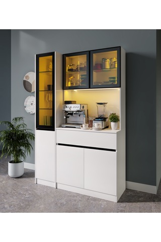 Lotus Midi Sol Vitrinli Kahve Köşesi Komple Mdf Led Mutfak Dolabı Beyaz