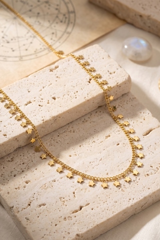Gold Renk Yıldız Pul Model 60 Cm Kadın Kolye Açık Kahverengi