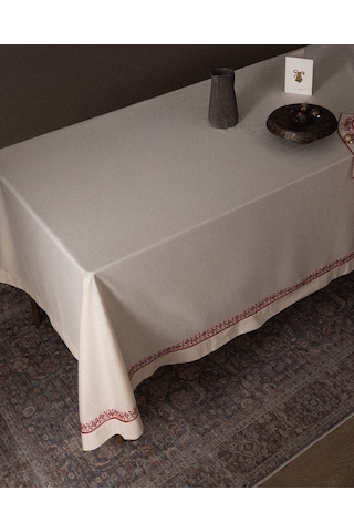 Madame Coco Ombrelot %100 Pamuk Masa Örtüsü - Ekru/kırmızı - 150x220 Cm 8684427298190 Çok Renkli
