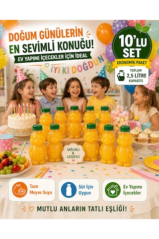 10'lu Set Şeffaf Kaplumbağa Şişe Yeşil Kapaklı Pet İçecek Şişesi Çocuk Beslenme Matarası 250 Ml