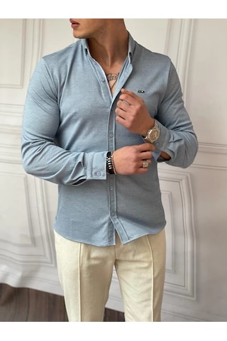Modefendi Slimfit Merserize Pamuk Uzun Kollu Gömlek Mavi