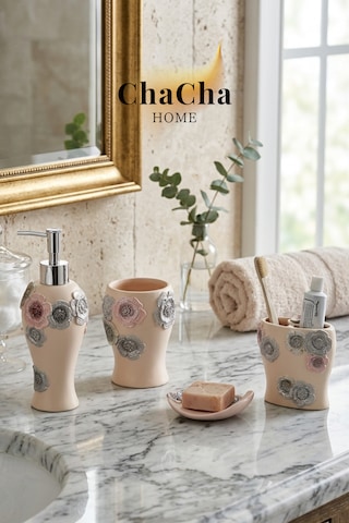 Lüks Seramik Banyo Seti 4 Parça Kabartmalı Floral Çeyizlik Dekoratif Banyo Takımı Pudra