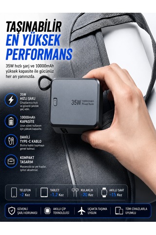 10000mah 35w Hızlı Şarj Powerbank Lcd Ekran 1x Usb + 1x Type-c Type-c Kablolu Çıkışlı Açık Gri