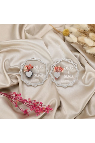 10 Lu Kişiye Özel Akrilik Magnet Nikah Şekeri - Gümüş Detaylı Çiçekli Tasarım