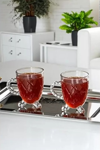 Porsima 15720 Ayaklı Kulplu Desenli Cam Bardak 200 CC 4'lü