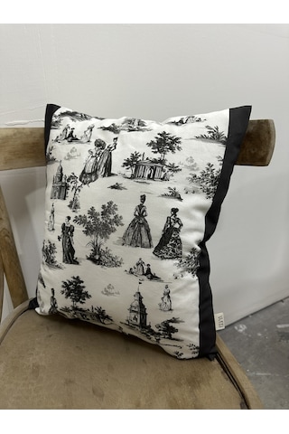 Toile De Jouy Paris Kırlent Kılıfı 43x43 Cm %100 Pamuk Dijital Baskılı Klasik Fransız Tarzı Dekoratif Yastık Kılıfı - Zt740 Siyah-