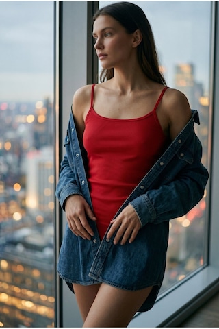 Aura Collections Kadın Pamuklu Slim Fit Askılı Atlet Yumuşak Soft Örme Basic İç Giyim Vücuda Oturan Kırmızı