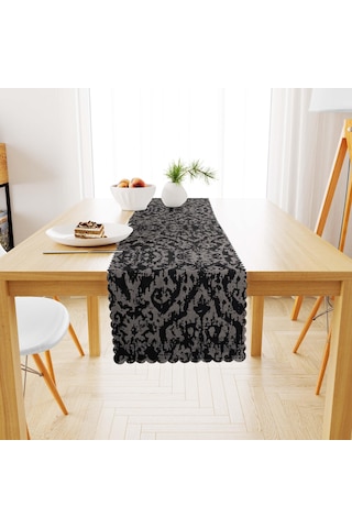 Damask Desenli Siyah Beyaz Dijital Baskılı Süet Dokuma Runner 40x140