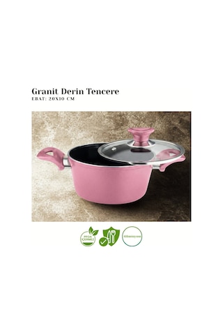 20 Cm Granit Derin Tencere Cam Kapak - Mürdüm Mürdüm