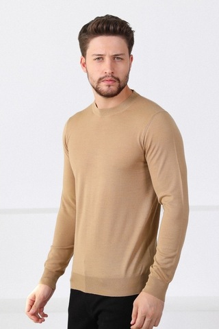 Ferraro Camel Bisiklet Yaka Superfine Erkek Triko Kazak Camel