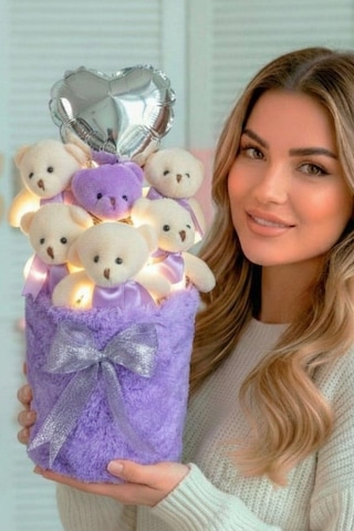 Deluxe Lila Peluş Silindir Kutuda, Led Işıklı Kalpli Balonlu 6 Lı Lila Ayıcık Buketi - Sevdiğine Hediye