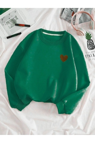 Kırmızı Minimal Kalp Baskılı Sweatshirt - Nefti Yeşil Kalın Kışlık Bisiklet Yaka Nefti