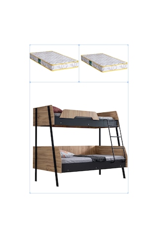 Ranza, Alba Geniş İkili Ranza, 120x200 Cm - 90x200 Cm - Ceviz-antrasit + 2 Comfort Yatak 90 X 190 CM