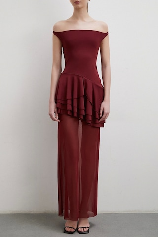 Boyun Askılı Fırfırlı Tül Elbise Bordo Bordo