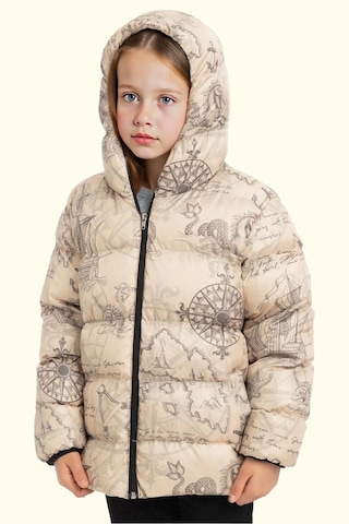 Kız Çocuk Pusula Desen Polar Su Ve Rüzgar Geçirmez Kapüşonlu Şişme Kışlık Mont Bej