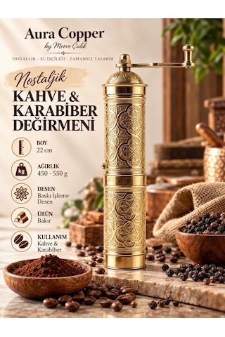 Aura Copper Nostaljik Manuel Kahve Karabiber Değirmeni 22 Cm Bakır Öğütücü - Altın
