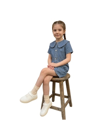 Erdem Kıds Kız Çocuk Denim Kot Yazlık Kısa Kol Bebe Yaka Çıtçıtlı Günlük Bayramlık Tulum Mavi Mavi