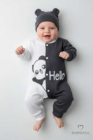 Babyden's Panda Baskılı Bebek Tulum & Şapka Seti,unisex Çıtçıtlı Uzun Kollu Yenidoğan Tulumu ,%100pamuk Antrasit - Beyaz