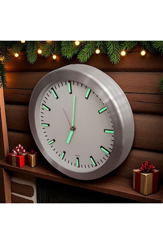 Fosforlu Kabartma Rakam Metal Çerçeveli Duvar Saati Çap 26 Cm