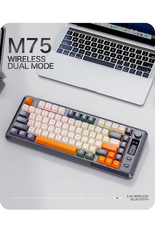 M75 Kablosuz 2.4ghz Kablosuz + Bt Çift Modlu Klavye Led Ekranlı Oyun Klavyesi İle Pbt Knob Rainbow