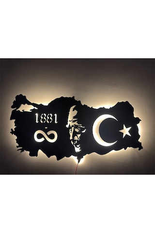 Özel Atatürk Ve Türkiye Haritası Led Işıklı Tasarım Tablo Ahşap D