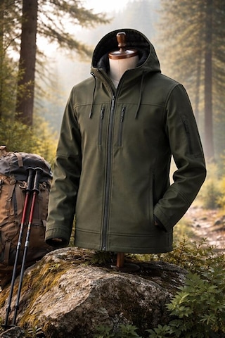 Vatan Tekstil Erkek Slim Fit Softshell Kapüşonlu Erkek Mont Su İtici Rüzgar Geçirmez Haki