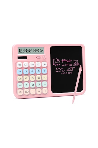 Lcd Ekran Yazı Tahtalı Hesap Makinesi 12 Haneli Tabletli Hesap Makinesi Pastel Pembe