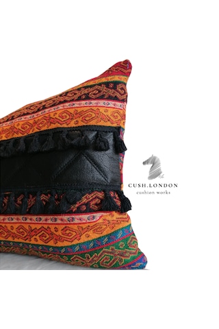 2 Li Set Meksika & Fas Stili Kilim Desenli Gerçek Deri Detaylı İçi Dolgulu Dekoratif Yastık Etnik Boho Lüks Kırlent Turuncu Siyah
