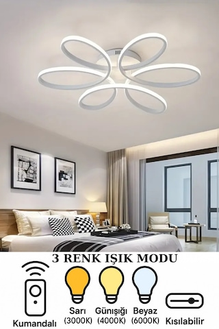Papatya 6'lı Beyaz Renkli Plafonyer Üç Renk Işıklı, Kumandalı Modern Ledli, Salon, Hol, Mutfak Avize
