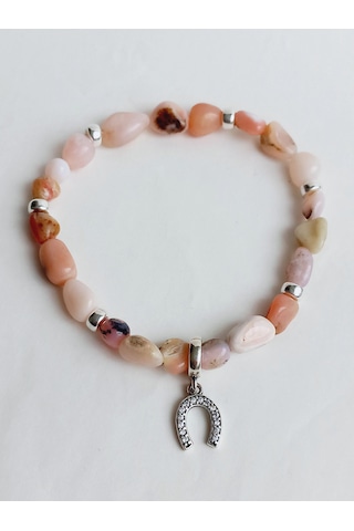 Pembe Opal Doğal Taşlı Nal Şans Tasarım Gümüş Kadın Bileklik