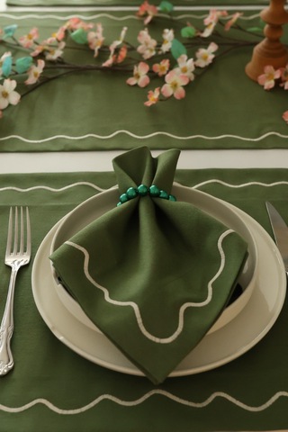 Yakacihome Florina Yeşil 4amerikanservis,1runner,4peçete, 4peçetehalkası Duck Keten Yıkanabilir Leke Tutmaz Set Haki