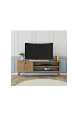 120 Cm Uzunluğunda Sepet Rengi Retro Tv Ünitesi, Şık Tasarım Açık Ceviz