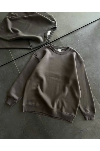 İkales Kışlık Bisiklet Yaka Üç İplik Basic Sweatshirt - Füme