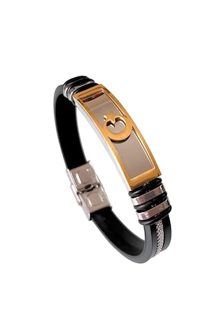Ay Yıldız Figürlü Silikon Kordon Çelik Mixli Erkek Bileklik Altın - Siyah
