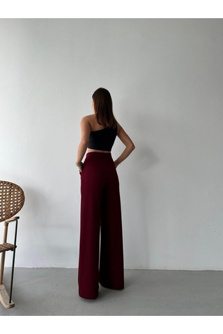 Zeynep Rana Kadin Likrali Cirt Kapama Palazzo Pantolon Bol Paça Yüksek Bel Pantolon Bordo