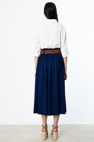 Ekol Yüksek Bel Kemerli Karışım Kumaş Etek-5654 Lacivert