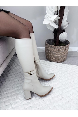Asmi Shoes Kadın Lara Yandan Fermuarlı Diz Altı Çizme Krem Krem