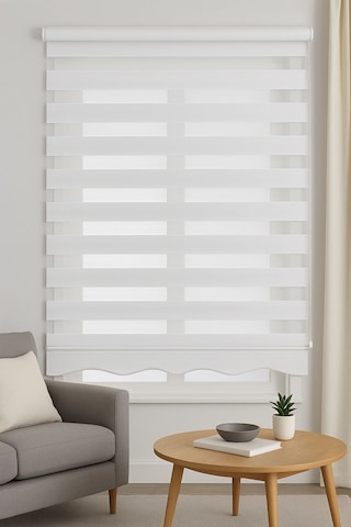 Geniş Pliseli Etek Dilimli Ekru Beyaz Zebra Stor Güneşlik Perde Beyaz