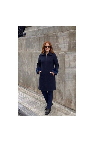 Onno Style Women Kol Ağzı Kürklü Çelik Örgü Triko Kadın Kaban Lacivert