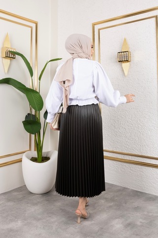 Hira Life Fashion Kadın Tesettür Giyim Ve Deri Görünümlü Beli Lastik Detayı İle Piliseli Uzun Etek Antrasit Antrasit