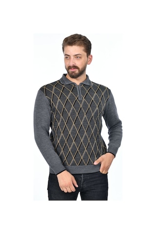Kamalı Erkek Çelik Örgü Baklava Desenli Gömlek Yaka Fermuarlı Polo Yakalı Tüylenmez Triko Kışlık Baba Kazak Gri