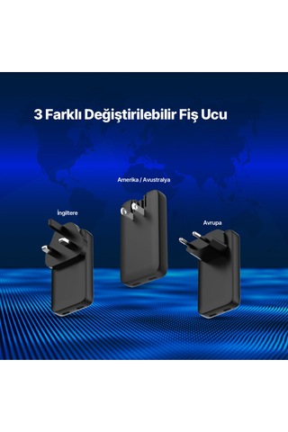 Ttec 2SCG06S Smartcharger Trio Gan 65W PD Avrupa-Ingiltere-Amerika/Avustralya Uluslararası Şarj Kiti