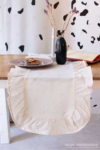 Düz Bej 40x125 Cm Vintage Fırfırlı %100 Keten Pamuklu Amerikan Runner Bej