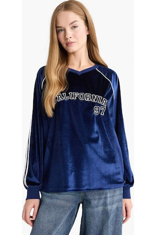 Defacto Oversize Geniş Kalıp V Yaka Baskılı Kadife Sweatshirt G3728ax25wnnv58 Lacivert-nv58